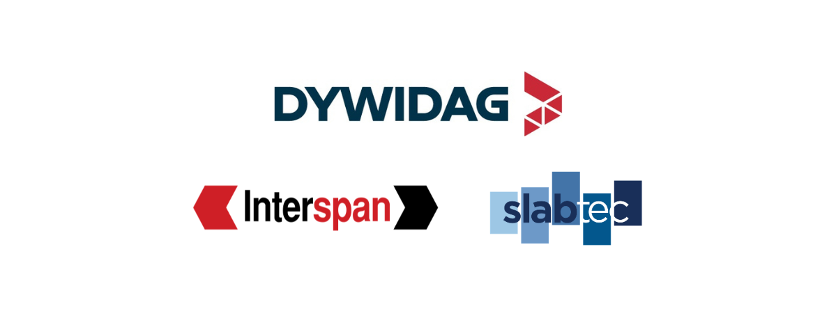 Dywidag logo on top with Interspan and Slabtec logos below on a white background.